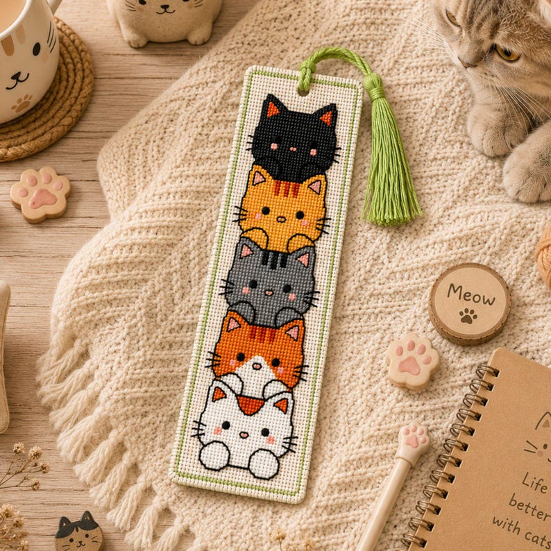 Adorable cat stack cross stitch bookmark pattern featuring five kawaii cats peeking one above another in black, orange, gray, orange-and-white, and white colors. This cute animal bookmark design is stitched with 9 DMC colors and measures 40 × 125 stitches. Perfect for cat lovers, bookworms, and beginner to intermediate cross stitch enthusiasts. Ideal as a handmade reading accessory, thoughtful gift, or DIY embroidery project with instant PDF download for creating a charming bookmark.