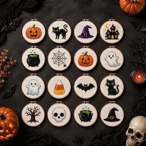 Halloween Cross Stitch Pattern Bundle | 16 Mini Halloween Cross Stitch Patterns | Pumpkin Ghost Witch Hat Black Cat PDF Instant Download