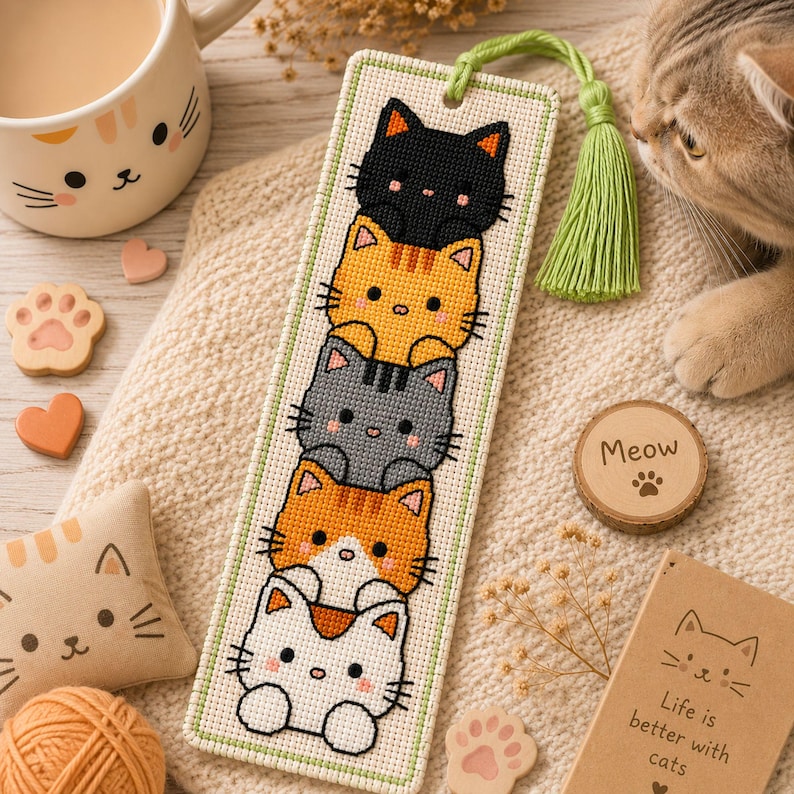 Adorable cat stack cross stitch bookmark pattern featuring five kawaii cats peeking one above another in black, orange, gray, orange-and-white, and white colors. This cute animal bookmark design is stitched with 9 DMC colors and measures 40 × 125 stitches. Perfect for cat lovers, bookworms, and beginner to intermediate cross stitch enthusiasts. Ideal as a handmade reading accessory, thoughtful gift, or DIY embroidery project with instant PDF download for creating a charming bookmark.