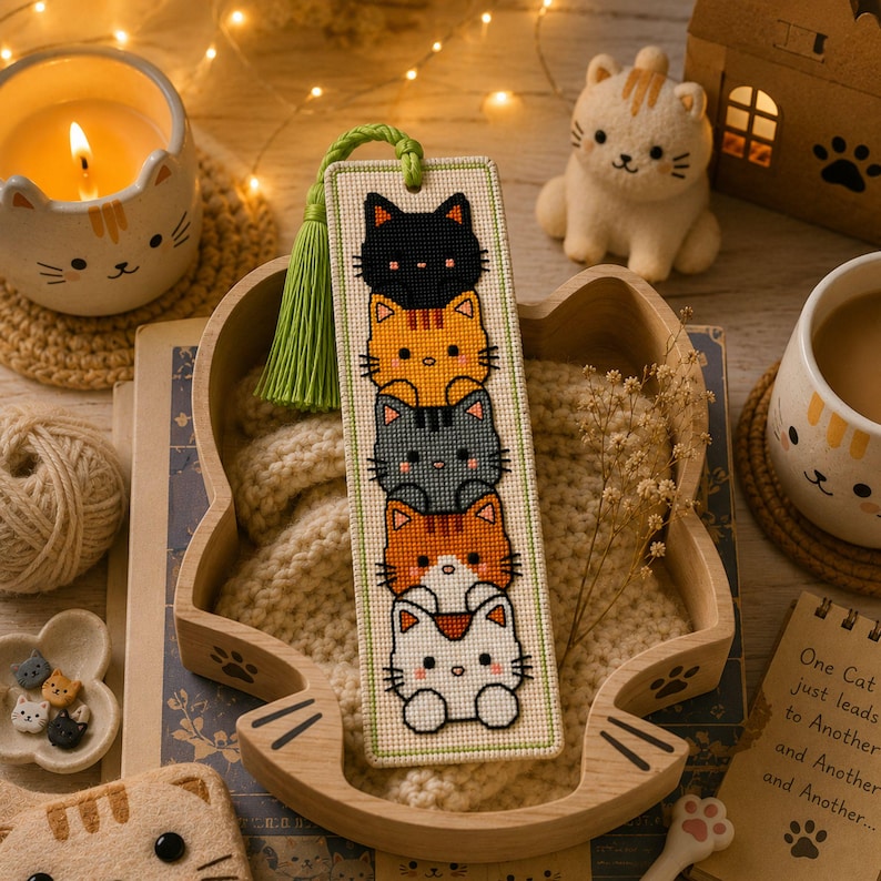 Adorable cat stack cross stitch bookmark pattern featuring five kawaii cats peeking one above another in black, orange, gray, orange-and-white, and white colors. This cute animal bookmark design is stitched with 9 DMC colors and measures 40 × 125 stitches. Perfect for cat lovers, bookworms, and beginner to intermediate cross stitch enthusiasts. Ideal as a handmade reading accessory, thoughtful gift, or DIY embroidery project with instant PDF download for creating a charming bookmark.