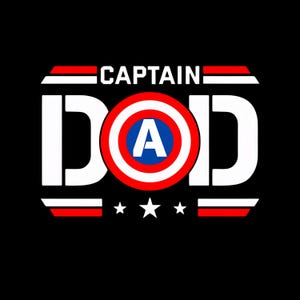 May include: A graphic design on a black background featuring the white text CAPTAIN DAD. The letter O is replaced by a circular shield graphic with red, white, and blue rings and a white letter A in the centre. Three white stars sit below the text.