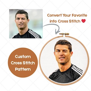 May include: A custom cross-stitch pattern of a man winking, displayed in a wooden embroidery hoop. The image includes the text "Convert Your Favorite into Cross Stitch" and "Custom Cross Stitch Pattern".
