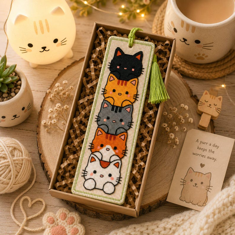 Adorable cat stack cross stitch bookmark pattern featuring five kawaii cats peeking one above another in black, orange, gray, orange-and-white, and white colors. This cute animal bookmark design is stitched with 9 DMC colors and measures 40 × 125 stitches. Perfect for cat lovers, bookworms, and beginner to intermediate cross stitch enthusiasts. Ideal as a handmade reading accessory, thoughtful gift, or DIY embroidery project with instant PDF download for creating a charming bookmark.