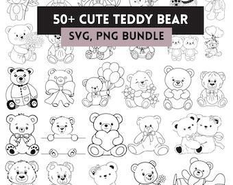 Cute Teddy Bear SVG Bundle | Teddy Bear PNG Clipart | Baby Bear Cricut Files | Kawaii Bear Outline Bundle | Printable Coloring Pages PDF