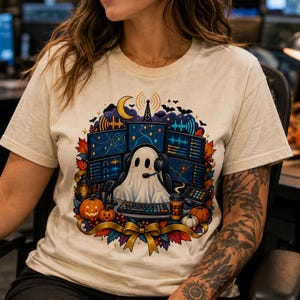 Peut inclure: Un t-shirt à manches courtes de couleur crème arborant un motif de fantôme portant un casque devant un poste de travail informatique à plusieurs écrans, entouré de feuilles d'automne, de citrouilles, d'un croissant de lune et d'un ruban doré.