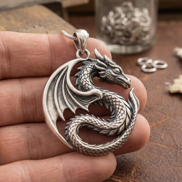 Sterling Silver 925 Dragon Pendant Necklace, Gothic Viking Mythical Charm Jewelry