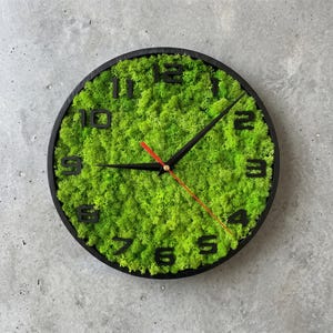 May include: Round wall clock with a black frame and black numerals. The clock face is covered in vibrant green moss. The hour and minute hands are black, and the second hand is red.