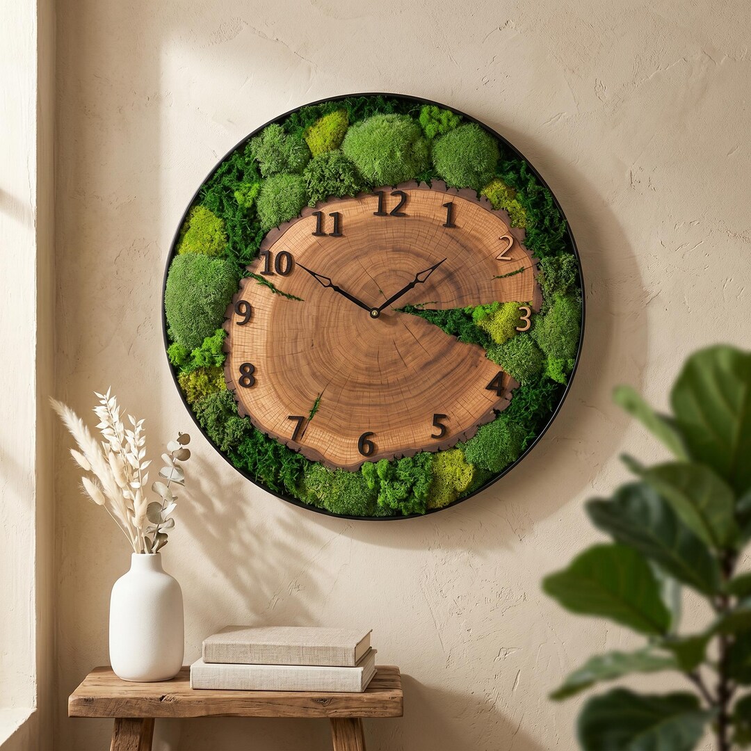 Custom Moss and Wood Slice Wall Clock, Personalized Natural Decor - Etsy
