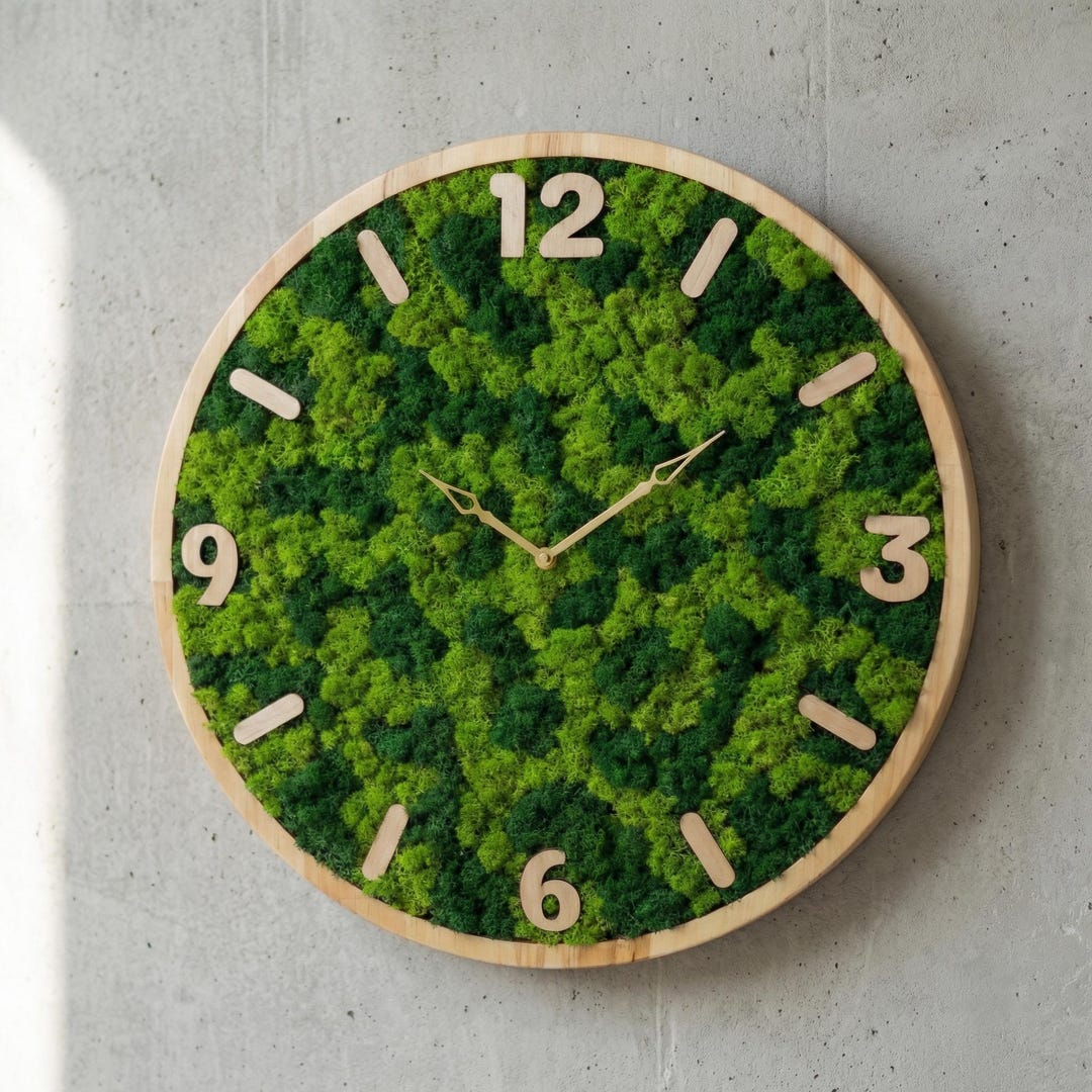Handmade Moss Wall Clock, Wooden Wall Clock With Preserved Moss, Silent ...