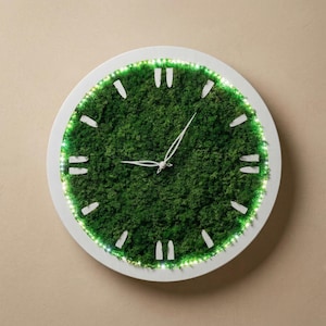 Könnte beinhalten: Eine runde Wanduhr mit weißem Rahmen und einem Zifferblatt, das mit lebendigem grünen Moos bedeckt ist. Weiße Markierungen kennzeichnen die Stunden, und die Zeiger sind weiß. Die Uhr wird von einem Ring aus grünen Lichtern um das Moos herum beleuchtet.