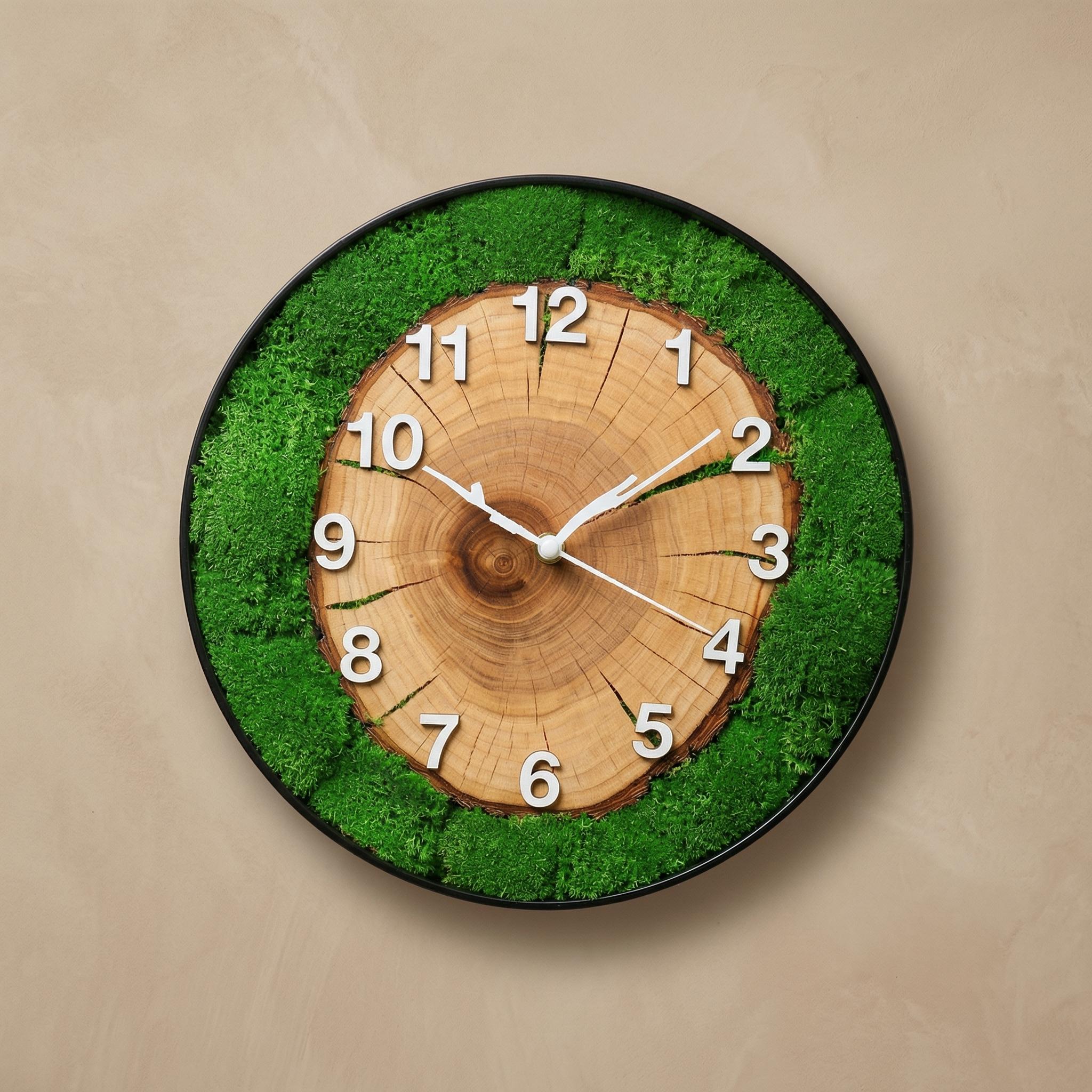 Custom Wood Wall Clock With Moss, Handmade Wooden Wall Clock, Modern ...