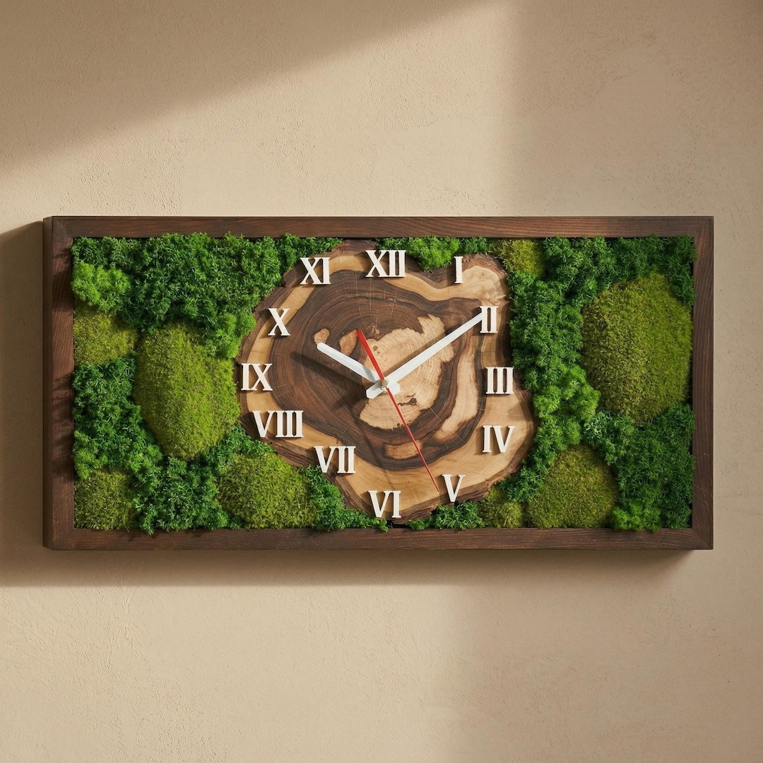 Personalized Wood and Moss Wall Clock, Large Rectangular Wall Clock ...