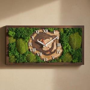 Personalized Wood and Moss Wall Clock, Large Rectangular Wall Clock, Custom Wooden Clock, Moss Wall Decor, Handmade Statement Clock