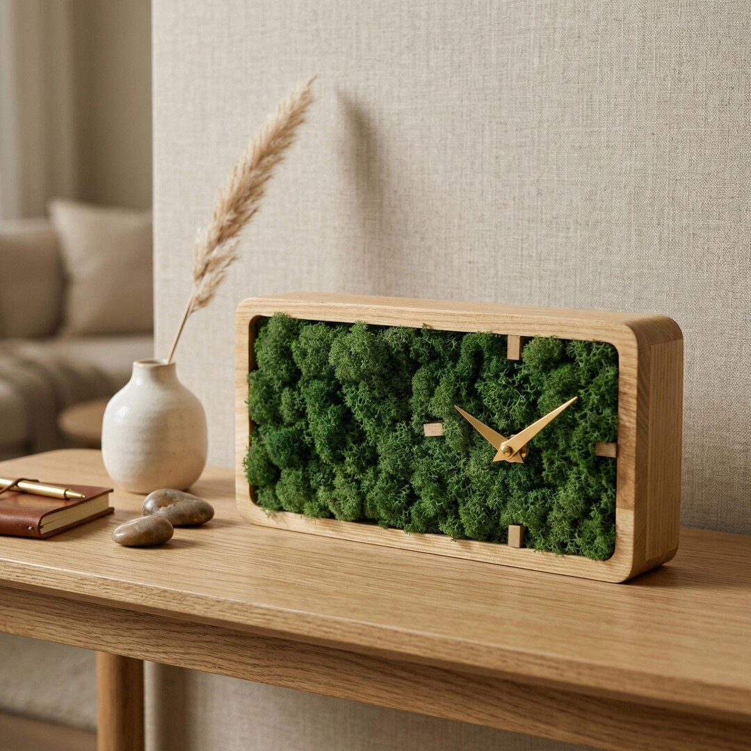 Personalized Wood and Moss Desk Clock, Minimalist Table Clock With ...