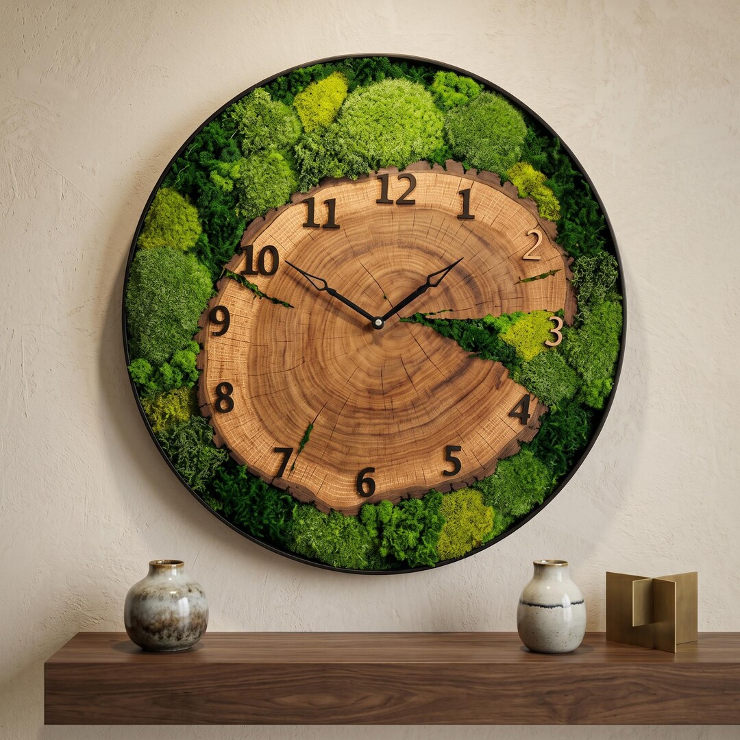 Custom Moss and Wood Slice Wall Clock, Personalized Natural Decor - Etsy