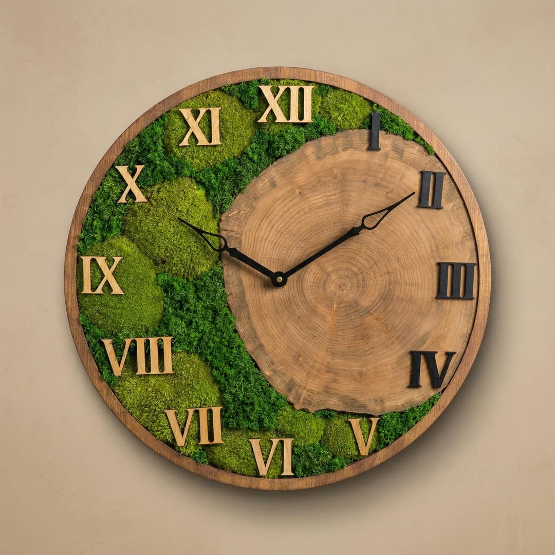 Wood Wall Clock With Moss, Handmade Wooden Clock, Natural Wall Decor ...