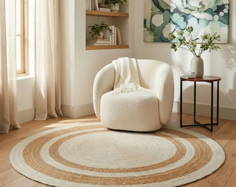 Round Jute Rug, Handwoven Braided Area Rug, Boho Farmhouse Decor, Natural Fiber Floor Covering, Coastal, Scandinavian, Living Room, Nursery