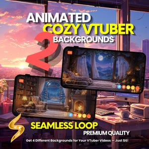 Può includere: Grafica digitale con due cornici rettangolari che mostrano scene di stanze animate e accoglienti con vista sulla città al tramonto, un camino e una foresta al chiaro di luna. Testo: ANIMATED COZY VTUBER BACKGROUNDS, 2, SEAMLESS LOOP, PREMIUM QUALITY.