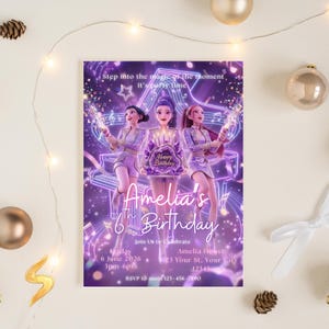 May include: A purple birthday invitation featuring three animated figures holding sparklers in front of a piano. The invitation reads "Amelia's 6th Birthday" with event details and the text "Step into the magic of the moment, it's party time."