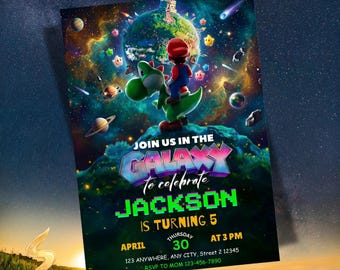 Super Mario galaxy birthday invitation, mario 2 movie party, printed party invitations