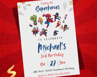 Spidey and Friends Birthday Invitation, Spider-man Boys Birthday Party Digital Invitation, Digital Download, Editable Template Canva
