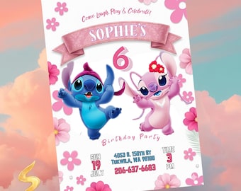 Stitch and Angel Birthday Invitation, Editable Lilo and Stitch Invite, Customizable Hawaiian Party Invite, Kids Birthday Canva Template