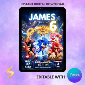 May include: Digital download birthday invitation featuring Sonic the Hedgehog characters. The invitation includes the name "JAMES" and the number "6", with event details such as date, time, and location. The design is editable with Canva.