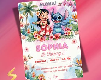 Lilo and Stitch Birthday Invitation | Editable Hawaiian Party Invite | Stitch Invitation for Girls & Boys | Editable Canva Template