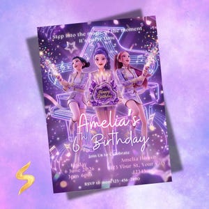 Kpop Demon Hunters Birthday Invitation, K pop Party Evite For Kids, Huntrix Kpop Birthday Invite, Editable Canva Template image 1