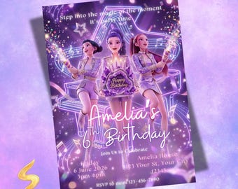 Kpop Demon Hunters Birthday Invitation, K pop Party Evite For Kids, Huntrix Kpop Birthday Invite, Editable Canva Template