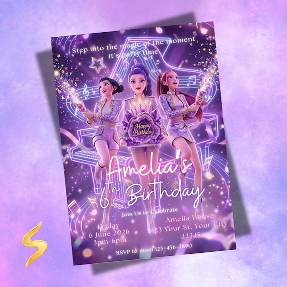 Kpop Demon Hunters Birthday Invitation, K pop Party Evite For Kids, Huntrix Kpop Birthday Invite, Editable Canva Template