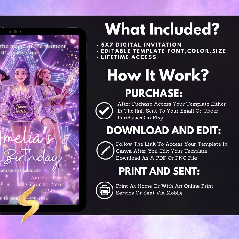 Kpop Demon Hunters Birthday Invitation, K pop Party Evite For Kids, Huntrix Kpop Birthday Invite, Editable Canva Template image 9