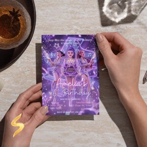 May include: A purple birthday invitation featuring three animated figures with musical notes and a piano. The invitation reads "Amelia's Birthday" with event details, including the date, time, and RSVP information.