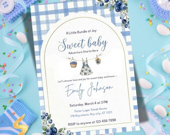 Blueberry Sweet Baby Shower Invitation, Editable Template, Instant Digital Download, Baby Shower Sign