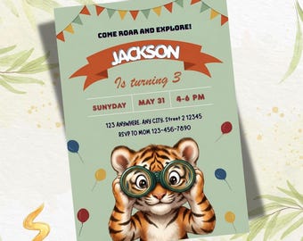 Curious George birthday invitation, Printable tiger invite, tiger invite, Curious George party, boy 1st 2nd 3rd birthday, editable template