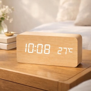 Wooden LED Digital Alarm Clock with Temperature Display, Modern Bedroom or Office Decor