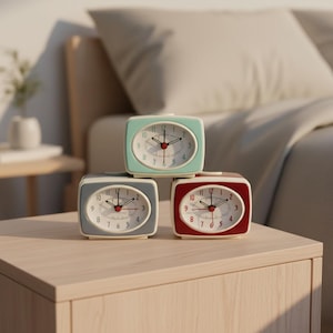 Puede incluir: Tres despertadores de estilo retro apilados sobre una mesita de noche de madera. Los relojes son de color verde azulado, gris y rojo, cada uno con una esfera blanca, manecillas negras y un segundero rojo. Los relojes miden aproximadamente 10 cm de ancho.