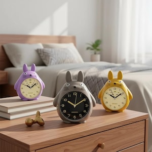 Puede incluir: Tres despertadores novedosos con forma de personajes de dibujos animados, en morado, gris y amarillo. Cada reloj tiene una esfera redonda con números y manecillas negras. Los relojes están sobre una mesita de noche de madera.