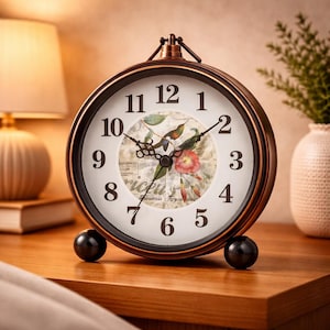 May include: A round, antique-style clock with a bronze-colored frame and a white face. The clock face features black numerals, black hands, and a floral and hummingbird design. The clock has two black ball feet.