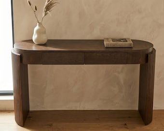 Fluted Console Oval Entryway Table 2 Drawers Wood Grain Espresso Curved Accent