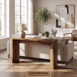 May include: A solid wood console table with a natural finish stands in front of a beige sofa. A lamp with a beige shade sits on the table, along with books and potted plants. The room has a neutral color palette and a modern aesthetic.