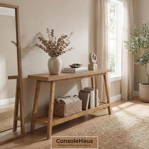 May include: A light-colored wooden console table with a lower shelf, holding a woven basket, books, and folded blankets. The top shelf displays a vase with dried branches, books, and decorative items. A large mirror and a potted plant are visible.