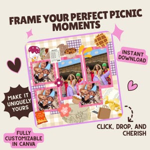 Könnte beinhalten: Ein digitales Scrapbook-Layout mit dem Text "FRAME YOUR PERFECT PICNIC MOMENTS". Das Design umfasst Fotos, Essensillustrationen und die Sätze "MAKE IT UNIQUELY YOURS", "FULLY CUSTOMIZABLE IN CANVA" und "CLICK, DROP, AND CHERISH."