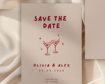 Plantilla ilustrada de copas de cóctel para anunciar la fecha de la boda, en rojo y rosa. Editable digitalmente en Canva (descarga instantánea).