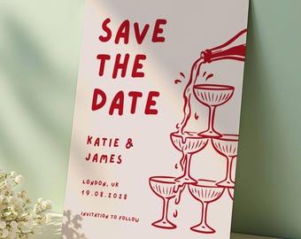 Save the Date - Torre di champagne illustrata, modello Canva per matrimoni in stile retrò (download immediato)