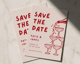 Puede incluir: Una tarjeta Save the Date de color crema con texto rojo y un gráfico de una torre de copas de champán. La tarjeta incluye los nombres Katie & James, la ubicación London, UK, la fecha 19.08.2028 y el texto Invitation to follow.