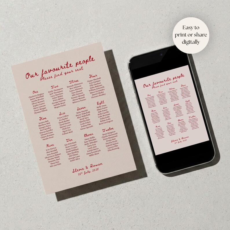 Wedding Seating Chart Template, Printable Table Plan, Love Note ...