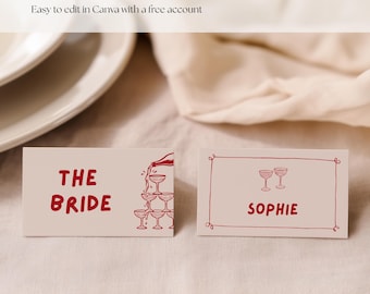 Wedding Place Cards Template | Whimsical Pink Champagne Table Name Card (Canva Template)