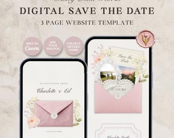 May include: A digital wedding invitation template with a dusty pink floral design. The design includes two smartphones displaying the invitation, with the text "DIGITAL SAVE THE DATE" and "3 PAGE WEBSITE TEMPLATE". The invitation features the names "Charlotte & Ed".