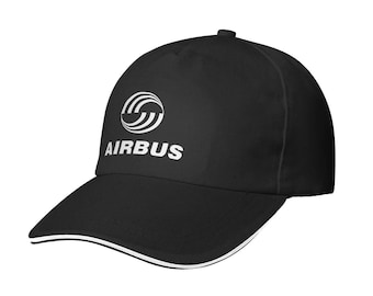 May include: Black baseball cap with the white text "AIRBUS" and a white logo. The cap has a curved brim with a white trim. The hat is a classic style, suitable for casual wear and outdoor activities.